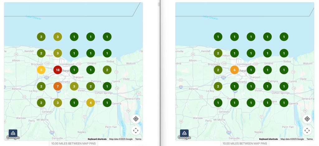 heat map showing local GBP results after 20 days for 6x6 Design's search term "Web Design Rochester NY"