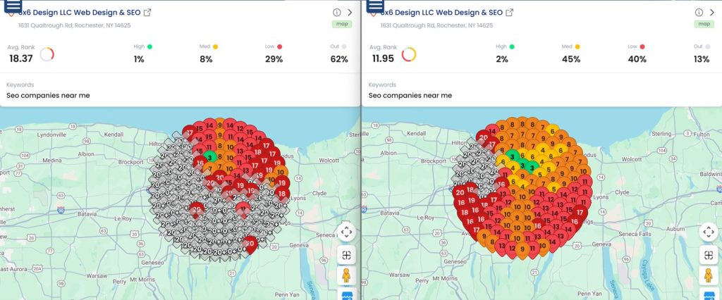 Local Dominator heatmap showing Google Maps ranking changes/improvements within 10 days - before and after