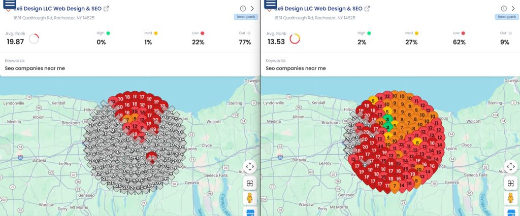 Local Dominator heatmap showing Local Pack ranking changes/improvements within 10 days - before and after
